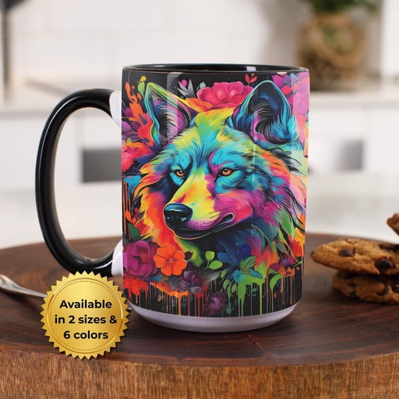Wolf Coffee Mug: Colorful Wildlife Art Cup with Floral Accents