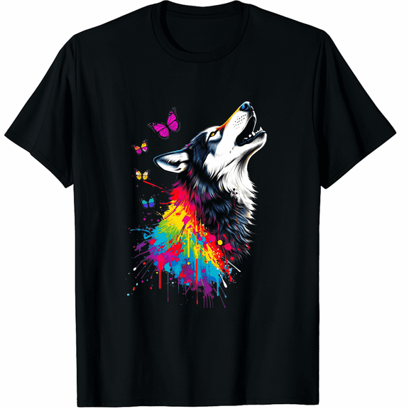 Wolf Colorful Butterflies Art T-Shirt for Men Women
