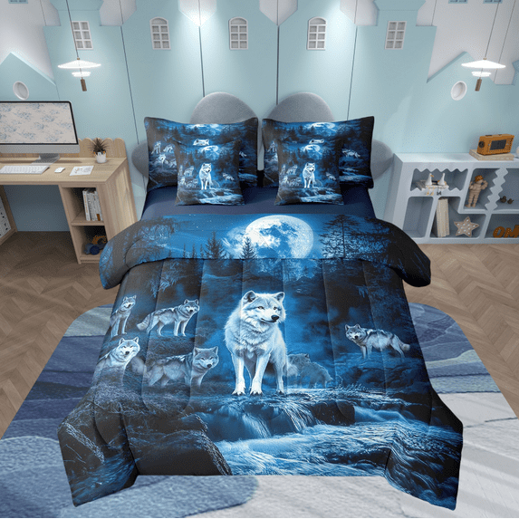 Erosebridal Wolf Queen Size Bedding Sets 7 Pieces Teen,Moon Lake Decor Flat Sheet Starry Sky Comforter Set Tribal Girls Animal Print Sheet Set Wolf With 2 Pillow Cases Blue Fitted Sheet
