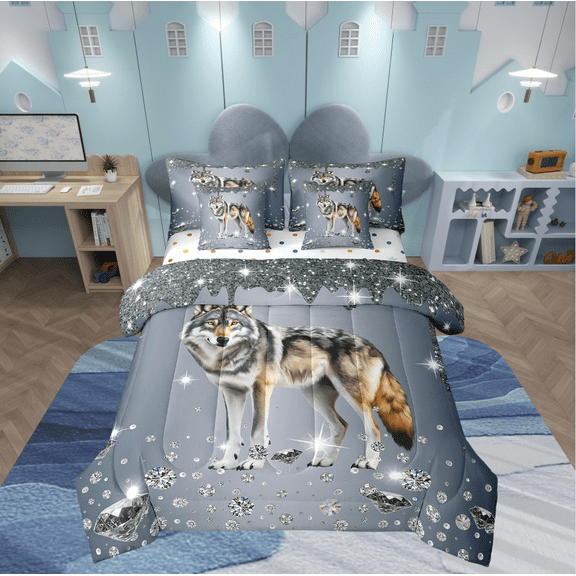 Wolf Comforter Set 7 Piece Bed in a Bag Twin,Sliver Sequin Fluid Art Comforter and Sheet Set,Crystal Diamond Bedding Set,Woodland Animals Bed Set Jungle Wildlife Room Decor