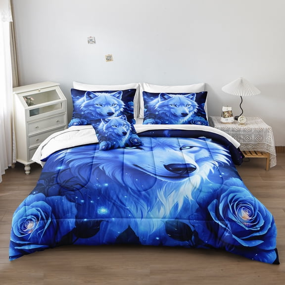 Wolf Comforter Set Queen Size Rose Floral Bedding Set Boys Teen Room Decor Wild Animal Bedding Comforter Set with Sheets Blue Galaxy Sky Wolf Print Queen Bed in a Bag Set 8 Pieces with 1 Comforter 4