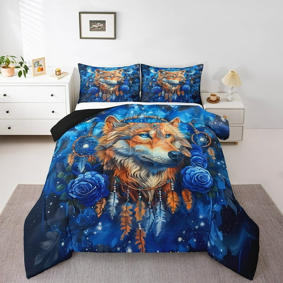 Wolf Comforter Set Dream Catcher King Bedding Set,Boho Feather Blue Rose Quilt Bed Set Woodland Animals Duvet Insert,Exotic Bohemian Decor
