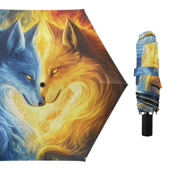 Wolf Confront All Weather Umbrella Triple Folding Parasol 6 Ribs UV Protection Portable