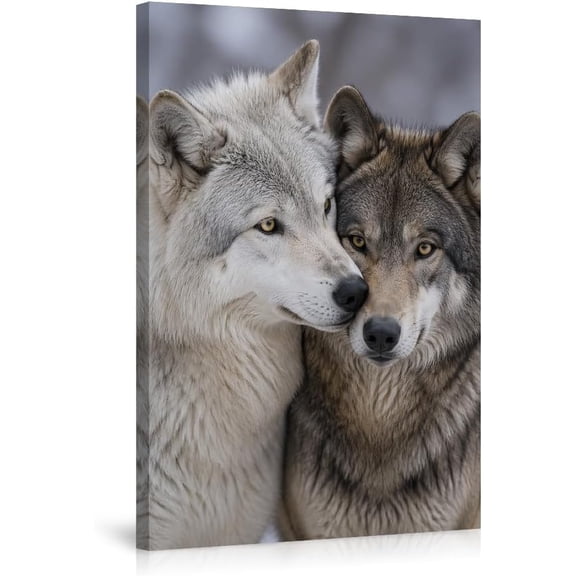Wolf Couple Canvas Wall Art, Gray and White Wolves Love Print, Wildlife Animal Home Decor