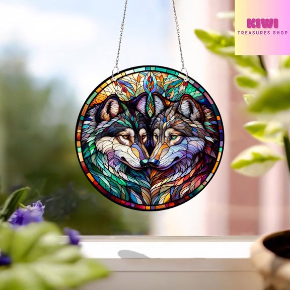 Wolf Couple Faux Acrylic Suncatcher Window Hanging