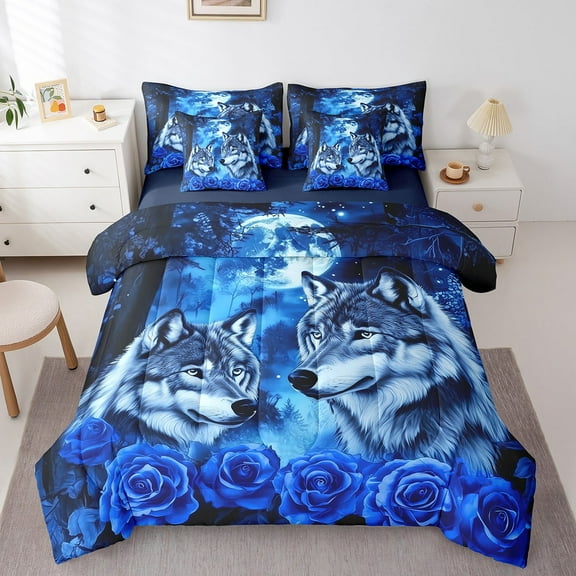 Wolf Couple Queen Size Bedding Set,Blue Starry Sky Moon Comforter 7 Pieces,Wolves Rose Safari Wildlife Animal Sheet Set For Women Teens Bedroom Decor Bedding