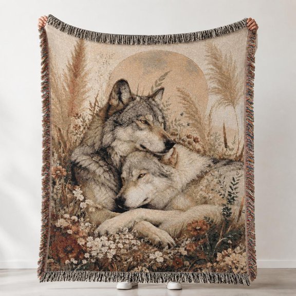 Wolf Couple Romantic Woven Cotton Throw Blanket, Wall Decor Accent
