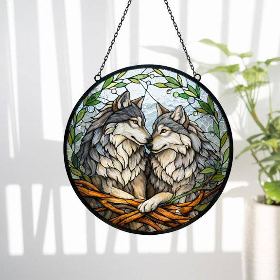 Wolf Couple Stained Glass Suncatcher, Nature Lover Couple Glass Window Hanging, Valentines Day Decor, Gift For Girlfriend, Wife