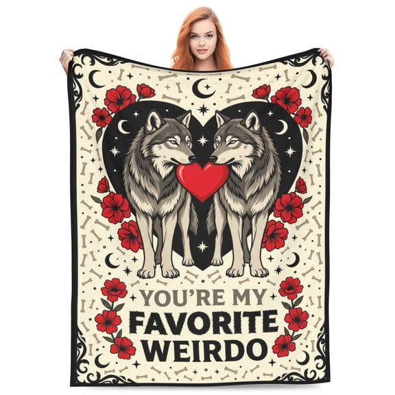 Wolf Couple Throw Blanket, Romantic Wolves Graphic Pattern, Wilderness Decor, Cozy Soft Flannel Throw Blanket for Bed Couch Sofa 50x40