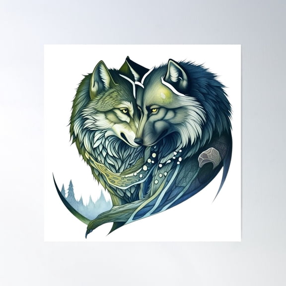 Wolf Couple. Wolves Detailed Green And Blue Design. Poster Wall Art, Modern Wall Decor For Living Room Bedroom, 16X16 UNFRAMED
