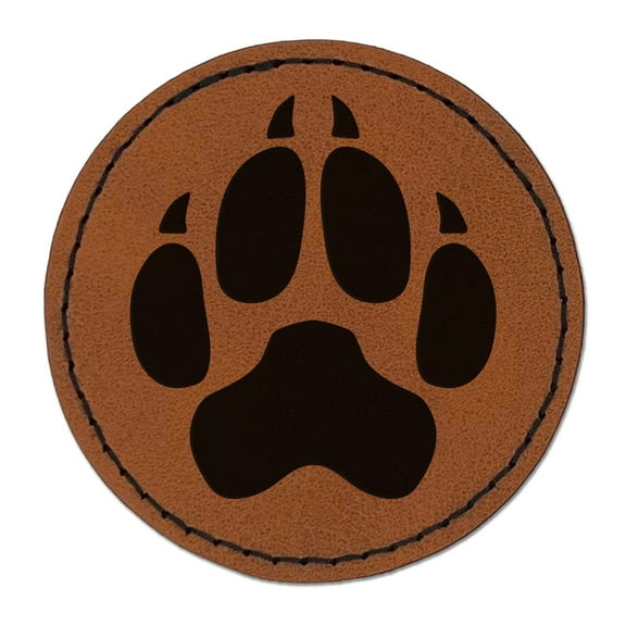 Wolf Coyote Paw Print 2.5" Faux Leather Round Engraved Iron-On Patch - Brown