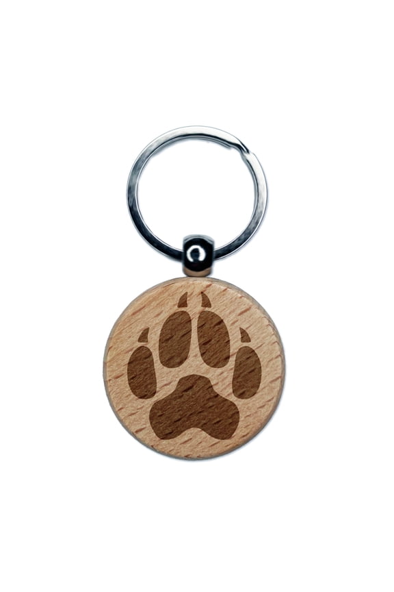 Wolf Coyote Paw Print Round Keychain Charm Tag - Engraved Wood