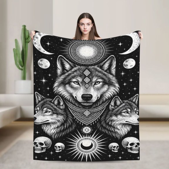 Wolf Cozy Blanket Moon Phases Stars Skulls Mystical Celestial Gift for Wolf Lovers 50x40 in