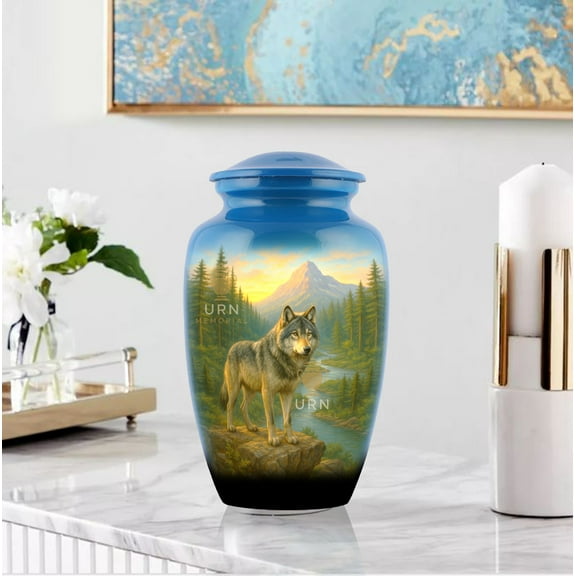 Wolf Cremation Urn for Adult Ashes – Handcrafted Aluminum Urn with Forest urn - Memorial Urn for Adult Ashes, Handcrafted Aluminum