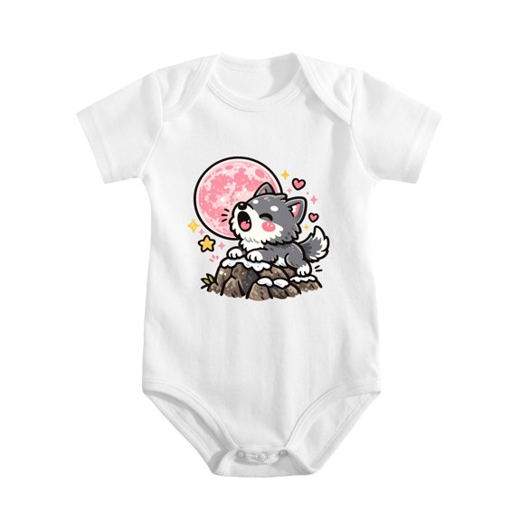 Wolf Cub Howling At Pink Moon Baby Bodysuit, 100% Cotton Short Sleeve Snap Romper, 0-12 Months