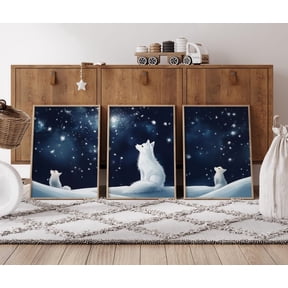 Wolf Cubs Room Decor Cute Wolf Family Prints Forest Animal Stars Night Sky Art Home Decor Office Wall Art Set 3