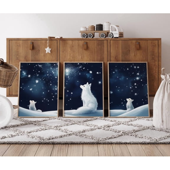 Wolf Cubs Room Decor Cute Wolf Family Prints Forest Animal Stars Night Sky Art Home Decor Office Wall Art Set 3