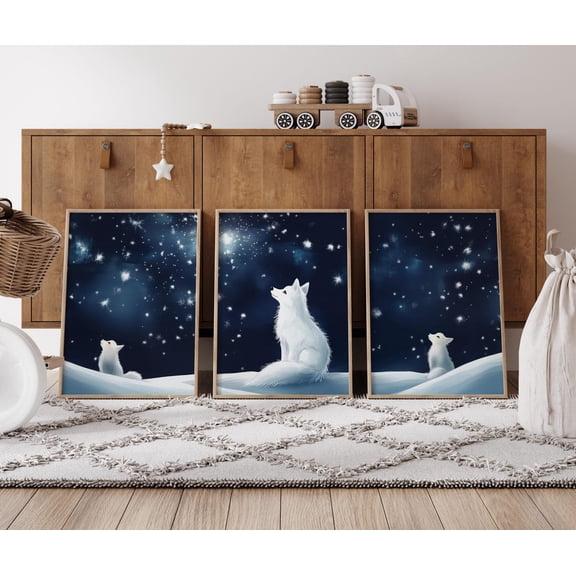 Wolf Cubs Room Decor Cute Wolf Family Prints Forest Animal Stars Night Sky Art, Poster Only