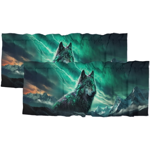 Wolf Curtain Valance for Kitchen Wildlife Animal Green Aurora Nature Scenery Window Valance for Living Room Bedroom, Kitchen Valance Rod Pocket Window Decor Curtain 54 by 18 in, 2 Panel