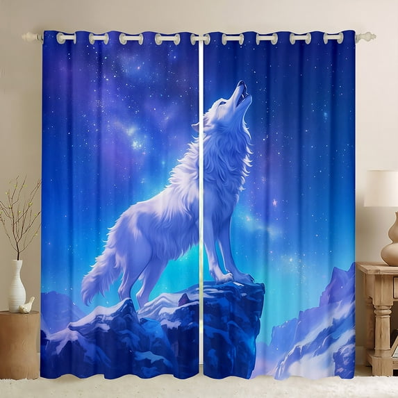 Wolf Curtains & Drapes Purple Blue Starry Sky 30%-50% Blackout Curtains White Wildlife Wolves Curtains (42Wx84L) 2 Panels,Snow Mountain Decor Window Curtains Teens Room