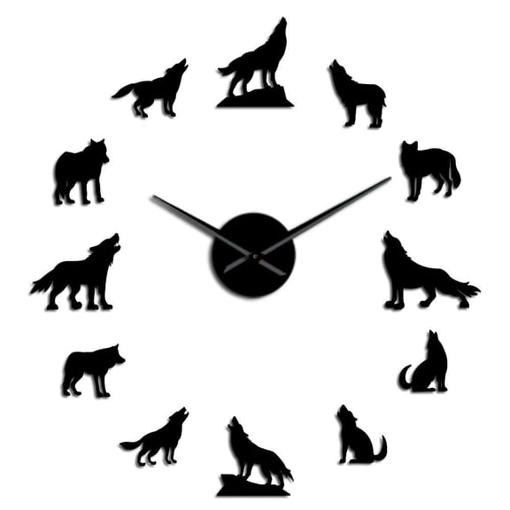 Wolf DIY Large Wall Clock Different Wolf Pose Frameless Wall Watch Clock Home Decor Modern Design Wolf Admirers Gift(Black,27inch)