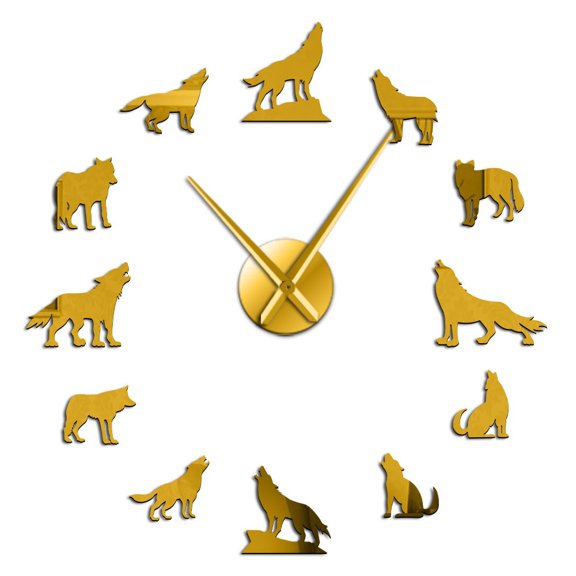 Wolf DIY Large Wall Clock Different Wolf Pose Frameless Wall Watch Clock Home Decor Modern Design Wolf Admirers Gift(Gold,27inch)