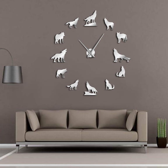 Wolf DIY Large Wall Clocks Different Wolf Pose Frameless Wall Watch Clock Home Decor Modern Design Wolf Admirers Gift(Silver,27inch)