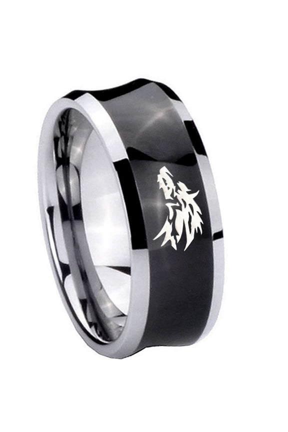Wolf Design Concave Black Tungsten Men Ring 10MM
