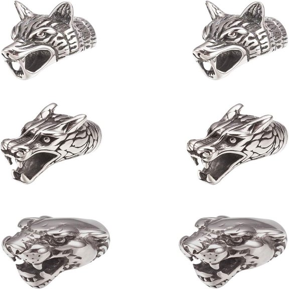 Wolf/Dragon/Panther Cord End 6Pcs Silver Animal Head End Caps Leather Bracelet Cord End 5.5-8mm Hole Cord Terminators Jewelry Making Caps for DIY