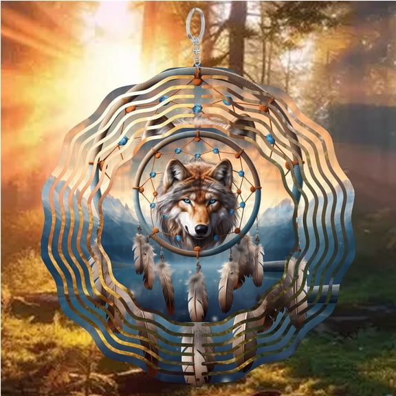 Wolf Dream Catcher Native 3D Wind Spinner Stainless Steel Kinetic Garden Decor