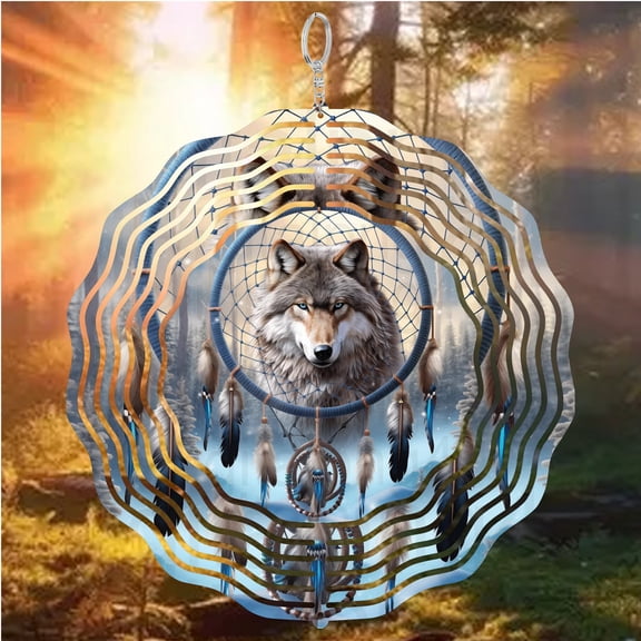 Wolf Dream Catcher Native Art 3D Wind Spinner Stainless Steel Kinetic Hanging Decor