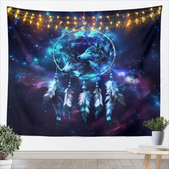 Wolf Dream Catcher Tapestry,Starry Sky Galaxy Universe Wall Hanging Art,Kids Teens Adult Wild Animal Wall Decor Tapestries Vintage Tribal Style Living Room Bedroom Decor,51.2x59.1