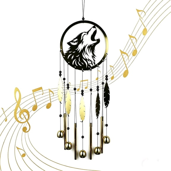 Wolf Dream Catcher Wind Chimes for Outside, Gold Metal Howling Wolf Windchimes with Bells & Feathers, Gift for Wolf Lovers Chimes Wolves (Golden Wolf)