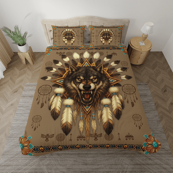 Wolf Dreamcatcher Bedding Set – Tribal Spirit Animal Duvet Cover with Pillowcases – Native-Inspired Boho Bed Set