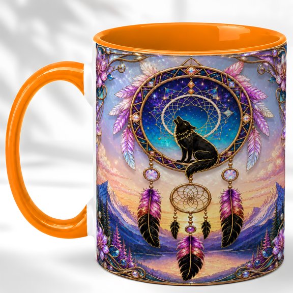 Wolf Dreamcatcher Coffee Mug, Mountain Wolf Mug, Ceramic 11 oz