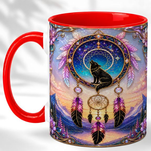 Wolf Dreamcatcher Coffee Mug, Mountain Wolf Mug, Ceramic 11 oz