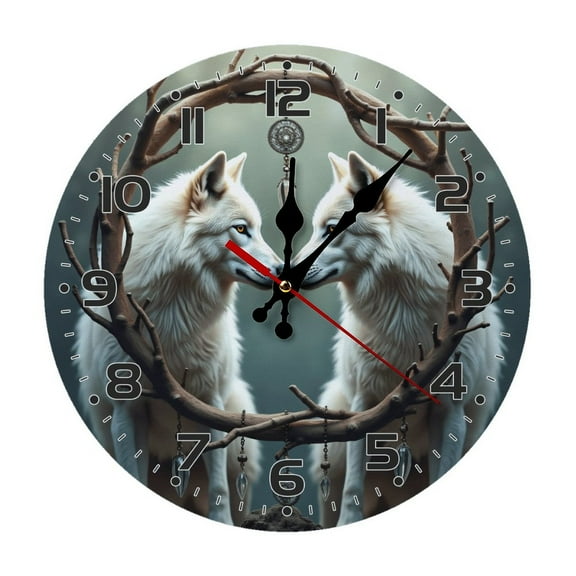 Wolf Dreamcatcher Fantasy Wall Clock 10 Inch Silent Non Ticking Round Wooden Clock Decoration for Living Room Kitchen Bedroom Bathroom Office Classroom