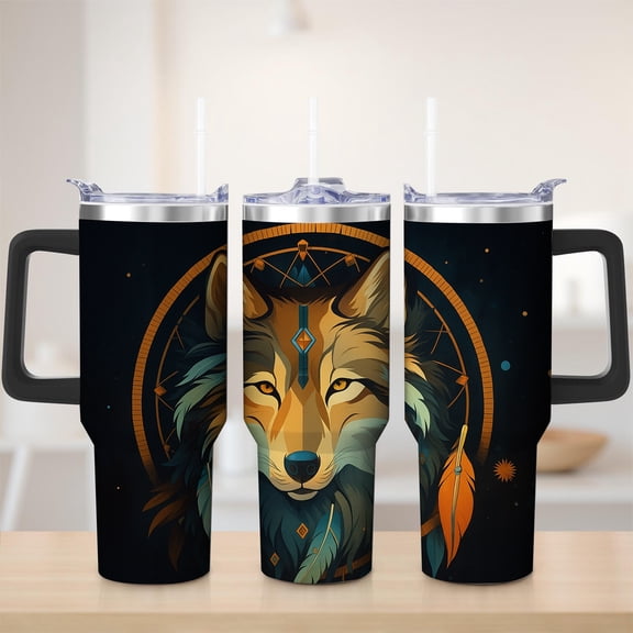 Wolf Dreamcatcher Stainless Steel Insulated Mug with Lid and Handle, 30oz