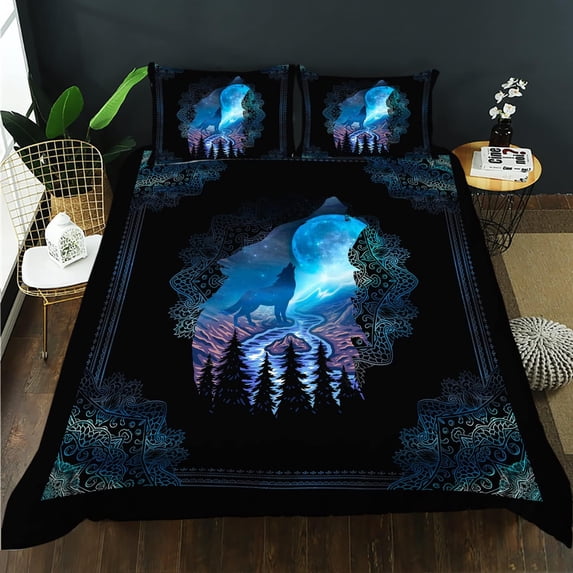 Wolf Dreams Duvet Cover Set, Blue Galaxy Starry Boho Bedding Set- Outdoors Wolf Howling Mountain River Quilt Cover and 2 Pillowcases