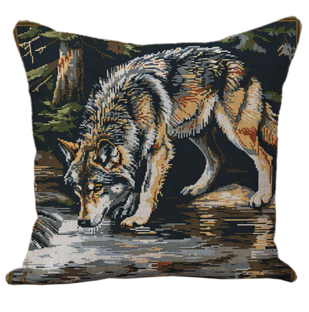 Wolf Drinking Water from River DIY Stamped Cross Stitch Pillow Kits 11CT Embroidery Pillowcase Counted Needlepoint Handmade Cushion Cover for Home Sofa Christmas Decor 18x18in(3)