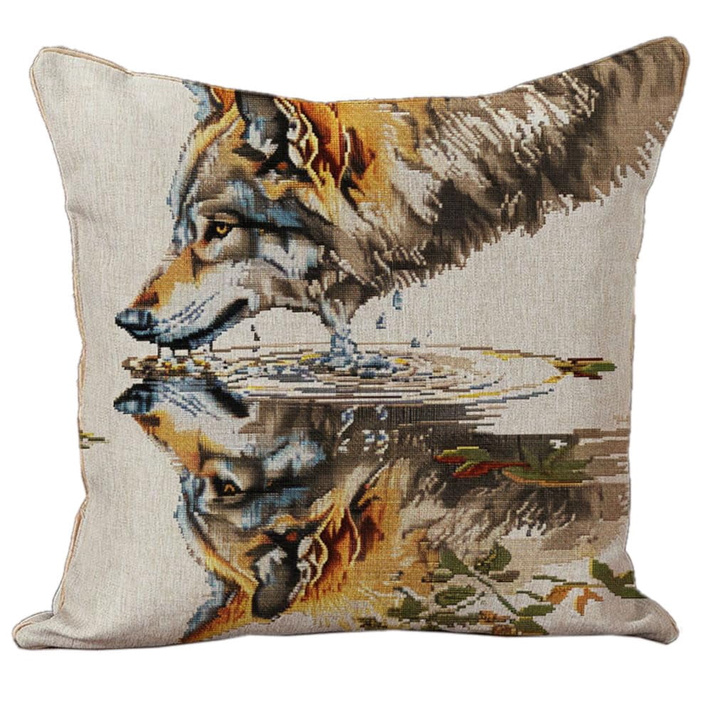 Wolf Drinking Water from River DIY Stamped Cross Stitch Pillow Kits 11CT Embroidery Pillowcase Counted Needlepoint Handmade Cushion Cover for Home Sofa Christmas Decor 18x18in(10)