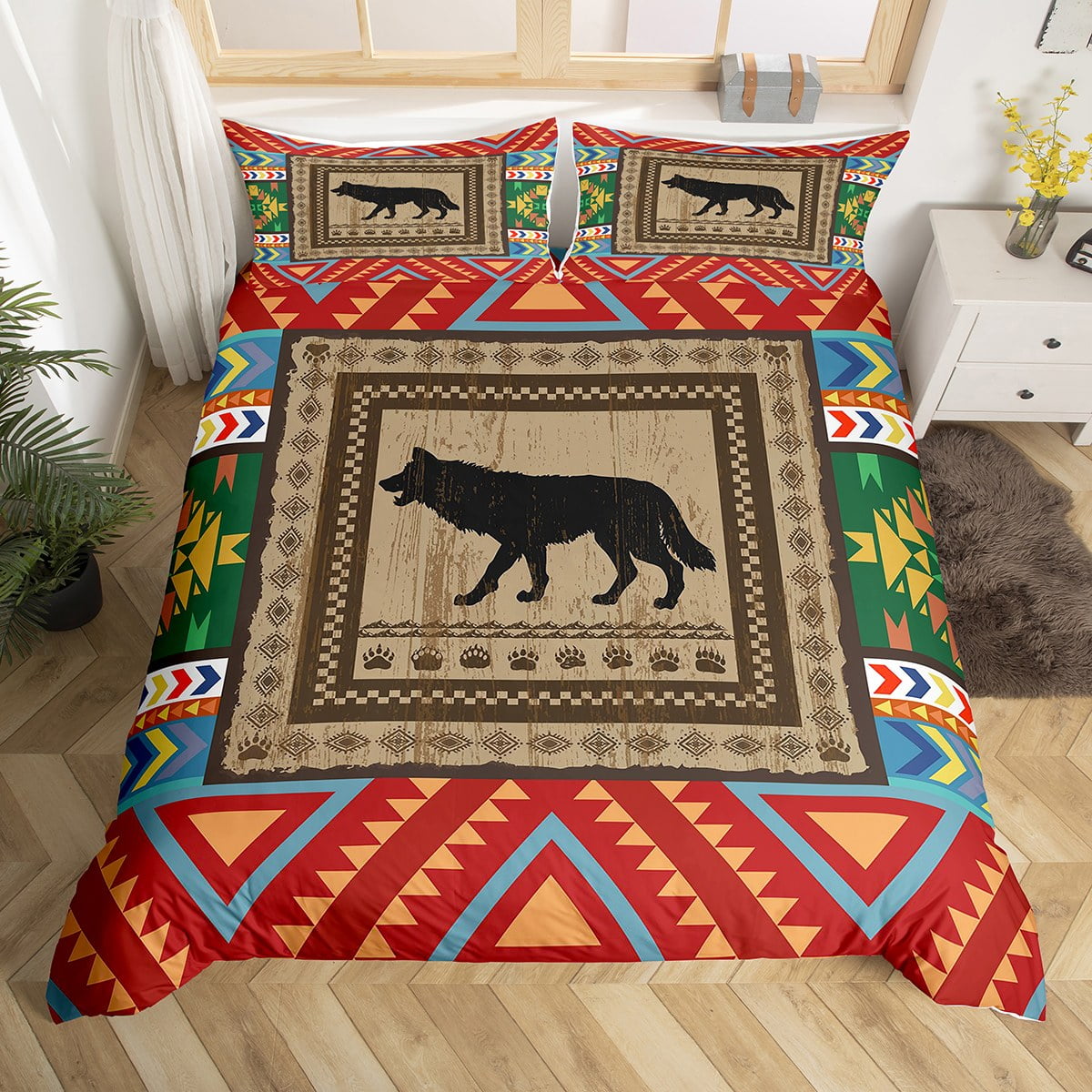 Wolf Duvet Cover King Tribal Aztec Comforter Cover Rustic Cabin Lodge