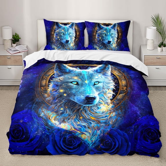 Wolf Duvet Cover Set, Blue Rose Galaxy Wolf Bedding Set,Glitter Mystery Wolf Head Printed Comforter Cover Set for Boys Girls,1 Quilt Cover and 2 Pillowcases,3 Pieces