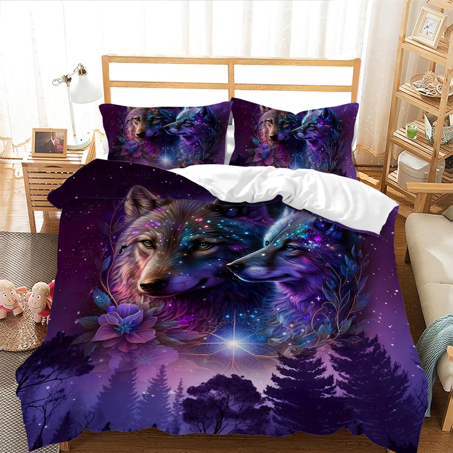 Wolf Duvet Cover Set,Purple Starry Night Galaxy Wolf Bedding Set,Fantasy Wolves Comforter Cover
