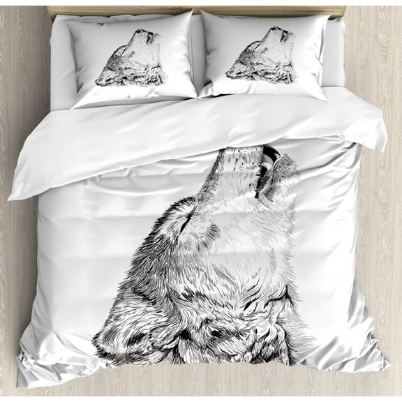 Wolf Duvet Cover Set Queen Size, Hand Drawn Monochrome Sketch of a Howling Canine Tattoo Pattern Illustration, Decorative 3 Piece Bedding Set with 2 Pillow Shams, Black Grey White, by Ambesonne