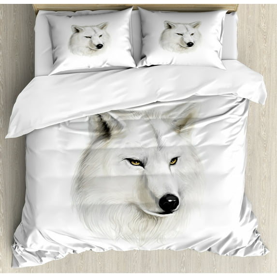 Wolf Duvet Cover Set Queen Size, White Canine Head with Great Detail Hunter Mammal Wildlife Nature Scene Art, Decorative 3 Piece Bedding Set with 2 Pillow Shams, Black Beige Yellow, by Ambesonne