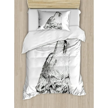 Wolf Duvet Cover Set Twin Size, Hand Drawn Monochrome Sketch of a Howling Canine Tattoo Pattern Illustration, Decorative 2 Piece Bedding Set with 1 Pillow Sham, Black Grey White, by Ambesonne