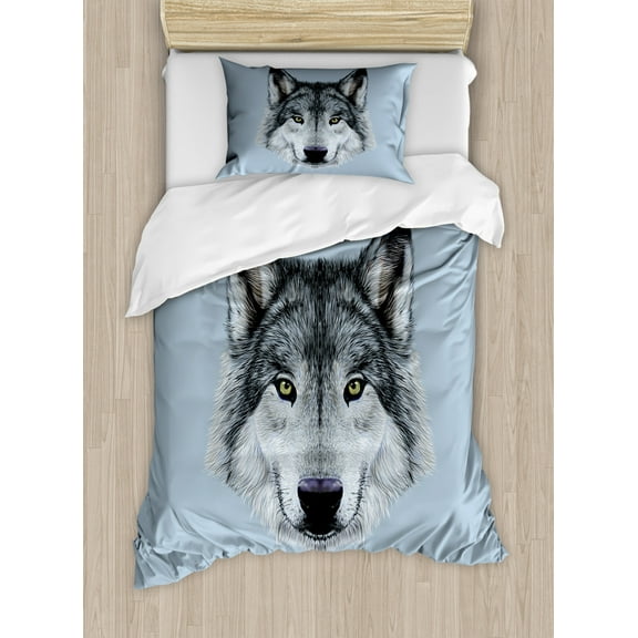 Wolf Duvet Cover Set Twin Size, Wolf Portrait with Beautiful Gaze Sublime Animal Illustration Canine Beast, Decorative 2 Piece Bedding Set with 1 Pillow Sham, Black Beige Bluegrey, by Ambesonne