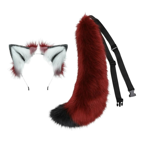 Wolf Ear and Tail Suit, Cosplay Costume Headdress Decor Headpiece Hairpin Cute Soft Hair Clip for Birthday Fancy Dress Props Stage Shows Red and White