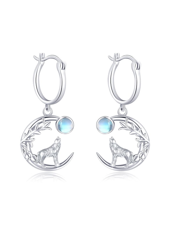 Wolf Earrings S925 Sterling Silver Moonstone Wolf Leverback Earrings Crescent Moon Dangle Drop Earrings Animal Earrings Wolf Hoop Earrings Howling Wolf Jewelry for Women